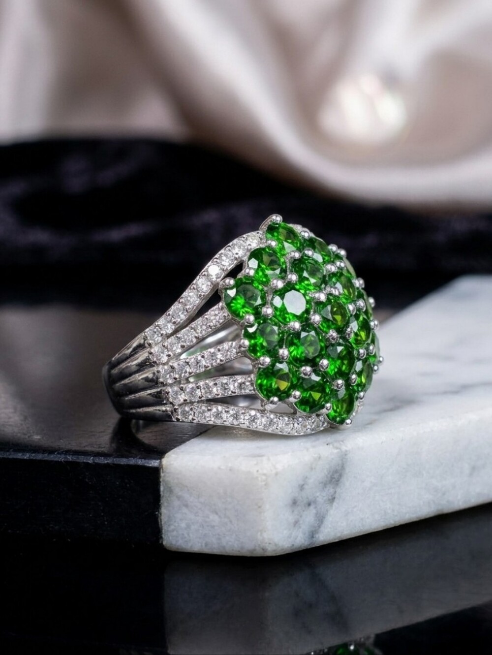 Russian Chrome Diopside & White Cambodian Zircon Platinum Over 925 Ring 4.65 CTW